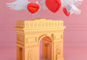 Visuel représentant l'Arc de Triomphe avec des cœurs volants